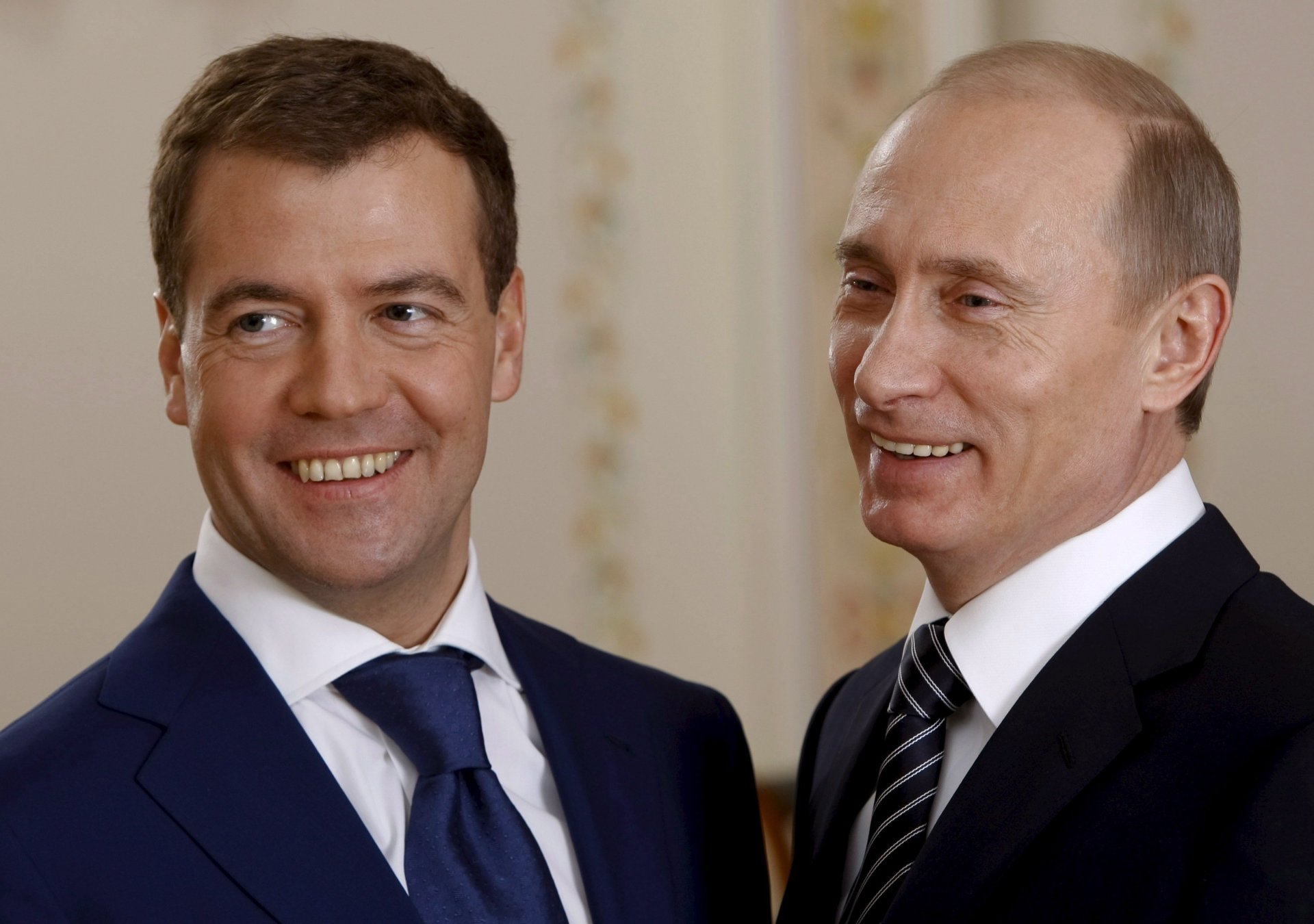 politicians tandem president prime minister portrait look policy duo smile russia eyes face medvedev putin