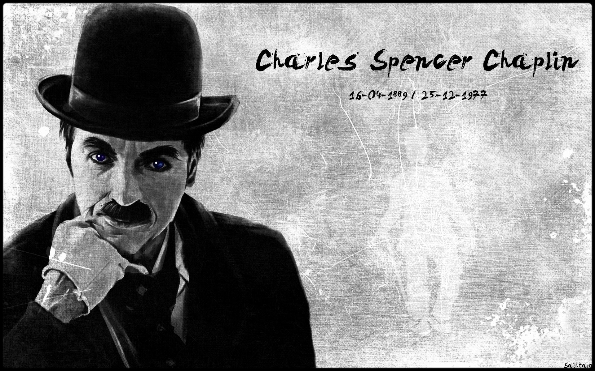 humorista mimo charlie chaplin retrato actores de cine mirada sombrero viejo bigote fondo gris guante ojos cara películas cine blanco negro