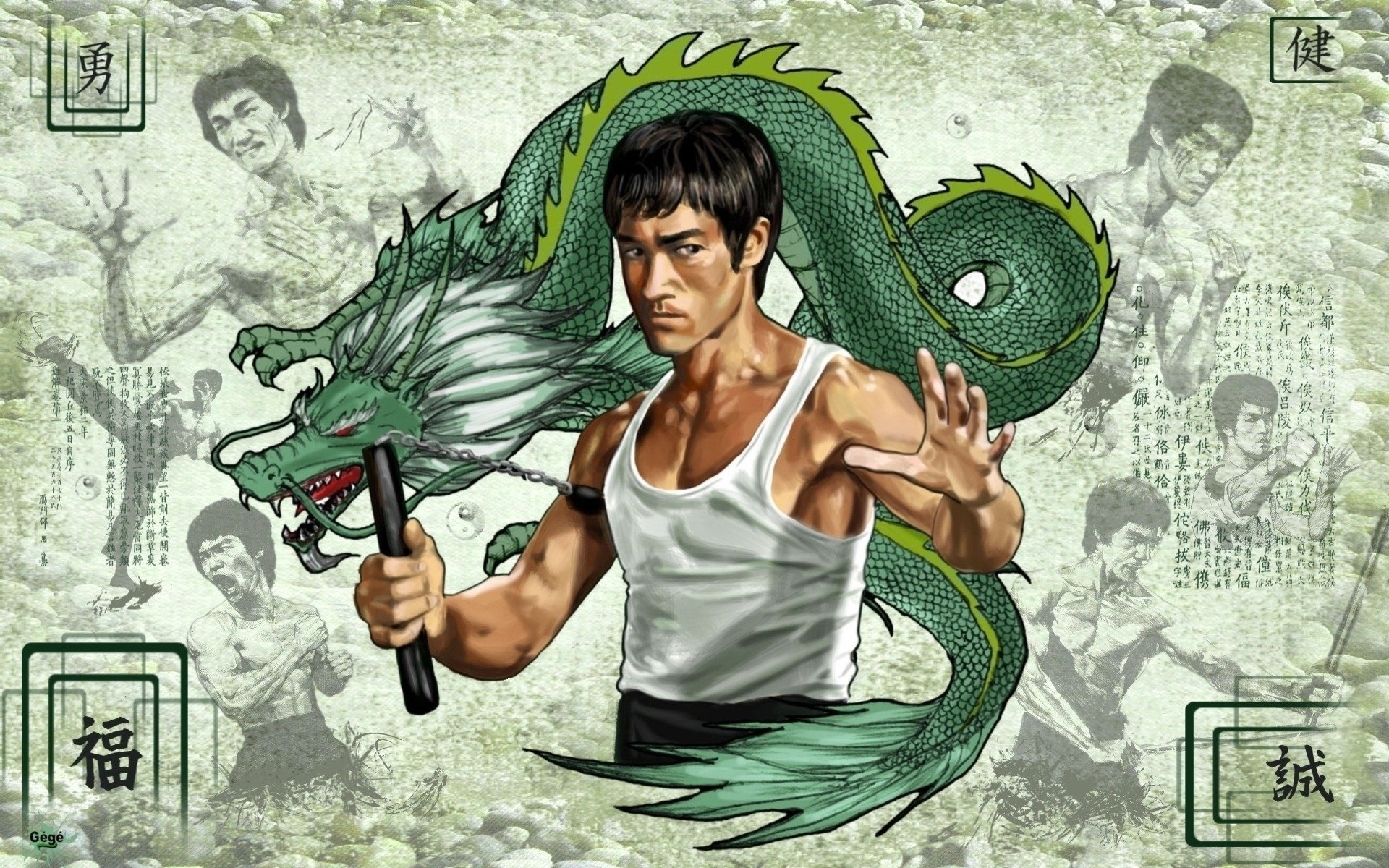 green dragon uncles martial arts bruce lee look movie actors fights hieroglyphs t-shirt strength wrestling eyes face