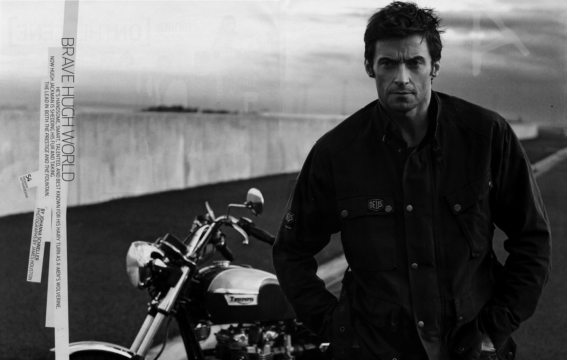 chaqueta elegante hugh jackman motocicleta guapo b-b actor celebridad estrella moto cara blanco negro