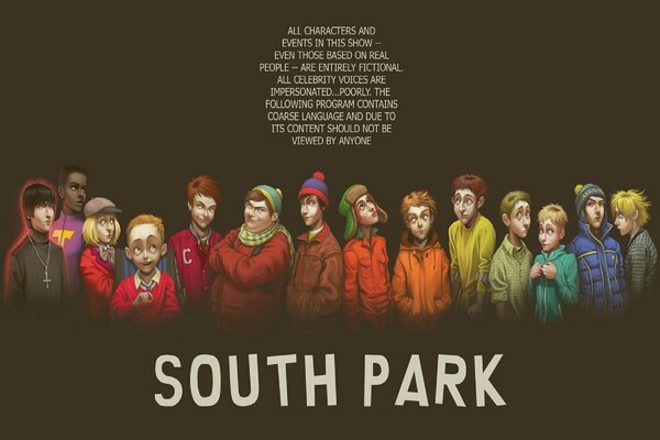 Humanization of the heroes of South Park on a brown background