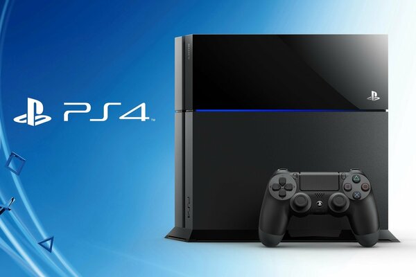 Playstation 4-Spielekonsole mit Gamepad auf blauem Hintergrund