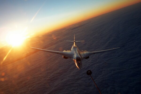 The plane at sunset looks very beautiful