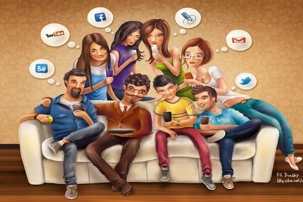 Familia en reunión ve redes sociales