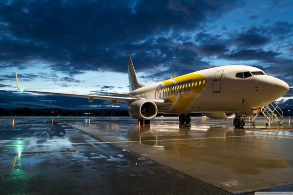 In the evening, the airplane takes off and soars over the blue sky