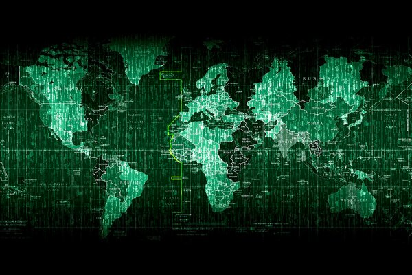 World map in the form of a green matrix