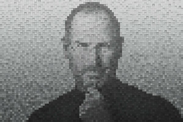 Pixel-Porträt von Steve Jobs im schwarz-weißen Stil