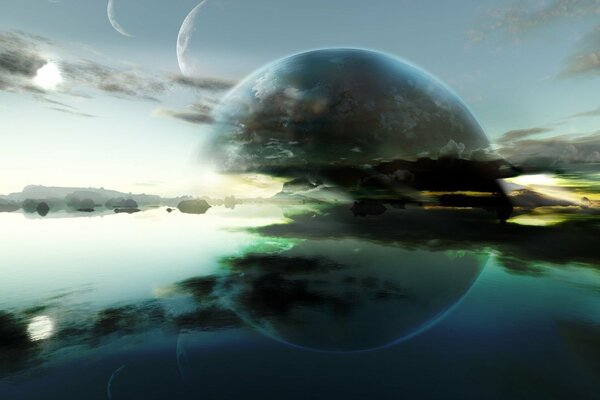 Reflection of a planet with clouds in water