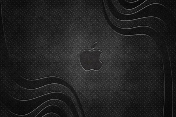 On a gray metal background, waves and a rib, and an apple logo