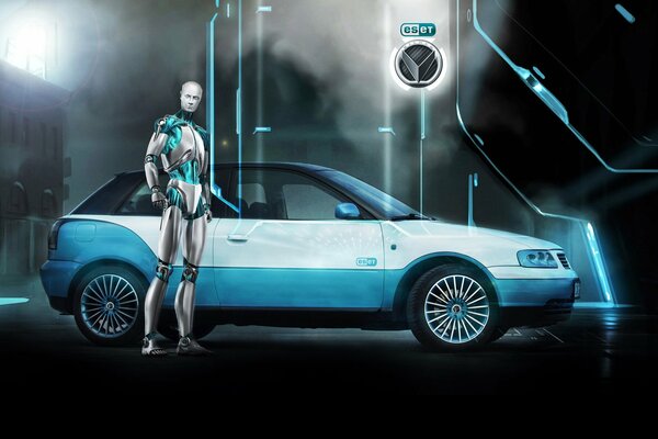 ESET robot on the background of Audi A3, set a virtual tone