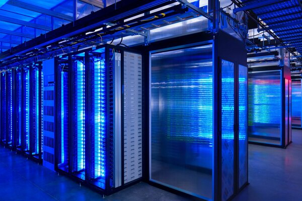 Large server room with blue backlight