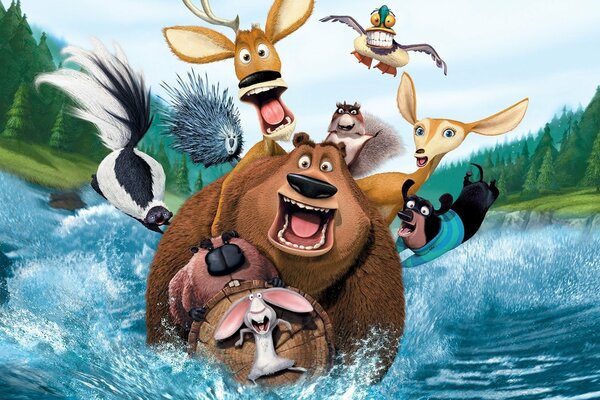 Animals from the cartoon float on a log