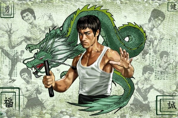 Acteur Bruce Lee dans un coquelicot sur fond de dragon vert