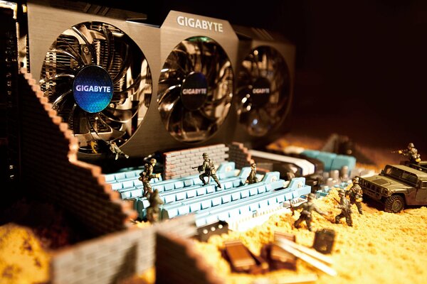 Photo of a video card with miniature soldiers