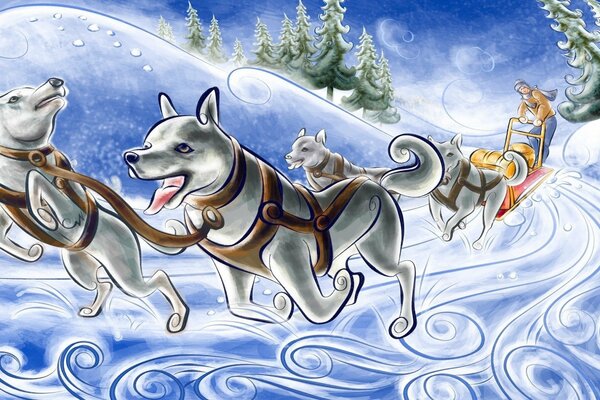 Drawing of a dog sled in running