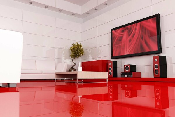 Cine en casa en una habitación con piso rojo y paredes blancas