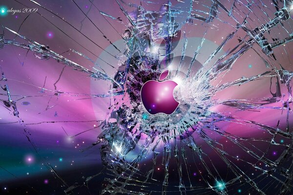 Apple logo on the background of a cracked screen