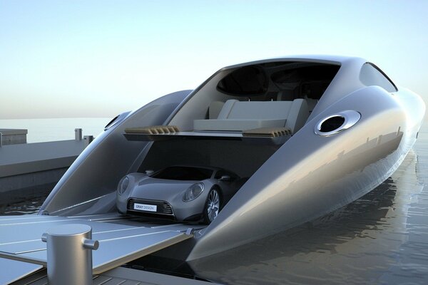 A Porsche pulls out of a futuristic yacht onto the pier