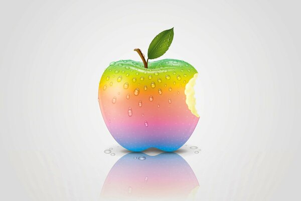 Ein grafisches Bild eines regenbogenfarbenen Apfels in Form eines Apple-Etiketts