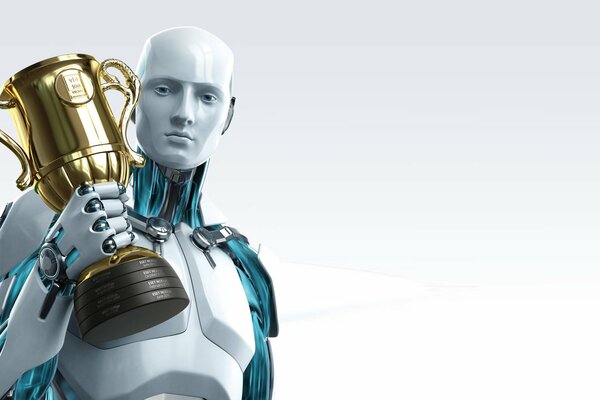 Immagine minimalista di un robot con una tazza su sfondo bianco per la pubblicità eset nod32