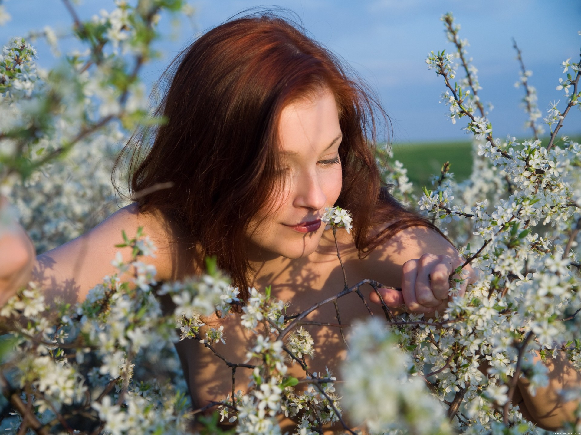 ragazza fiori rami capelli