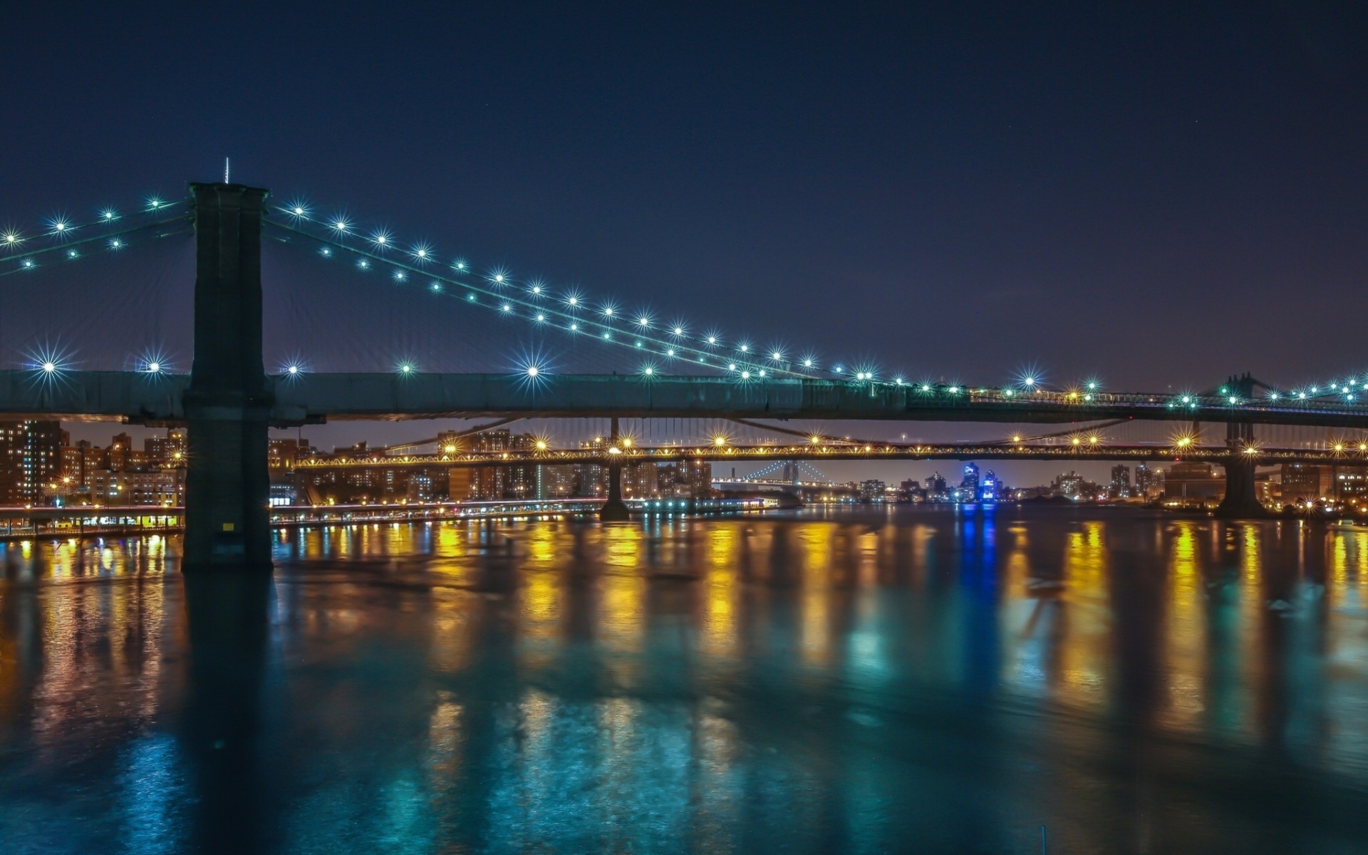 east river lichter fluss brooklyn bridge new york city manhattan bridge brücke nachtstadt meerenge