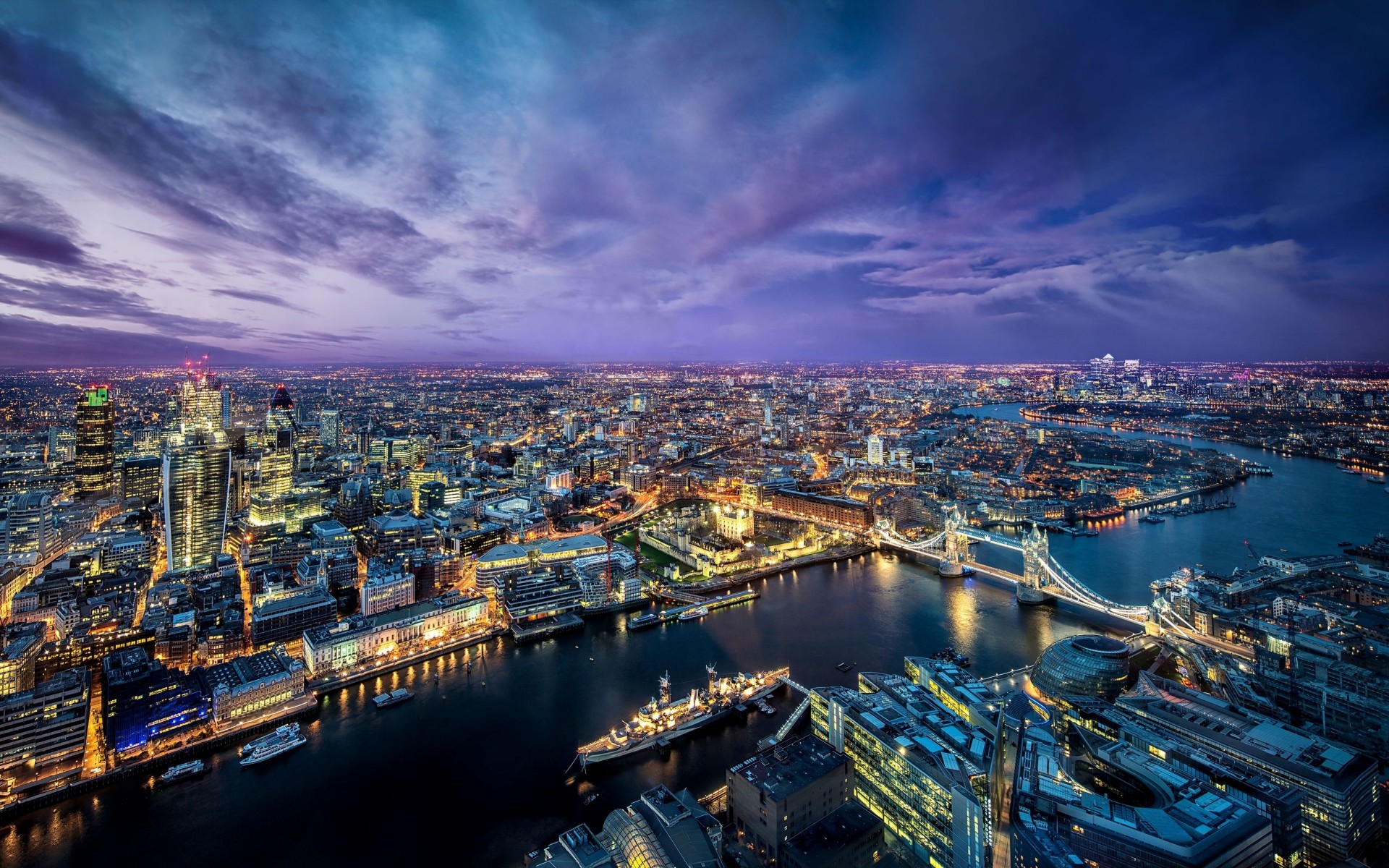 river building panorama london night city thames tower bridge ship