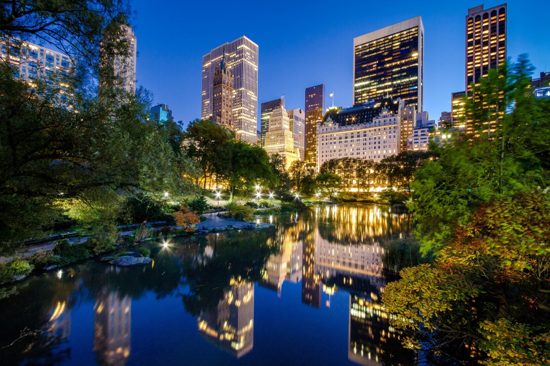 manhattan fluss new york reflexion nachtstadt gebäude central park