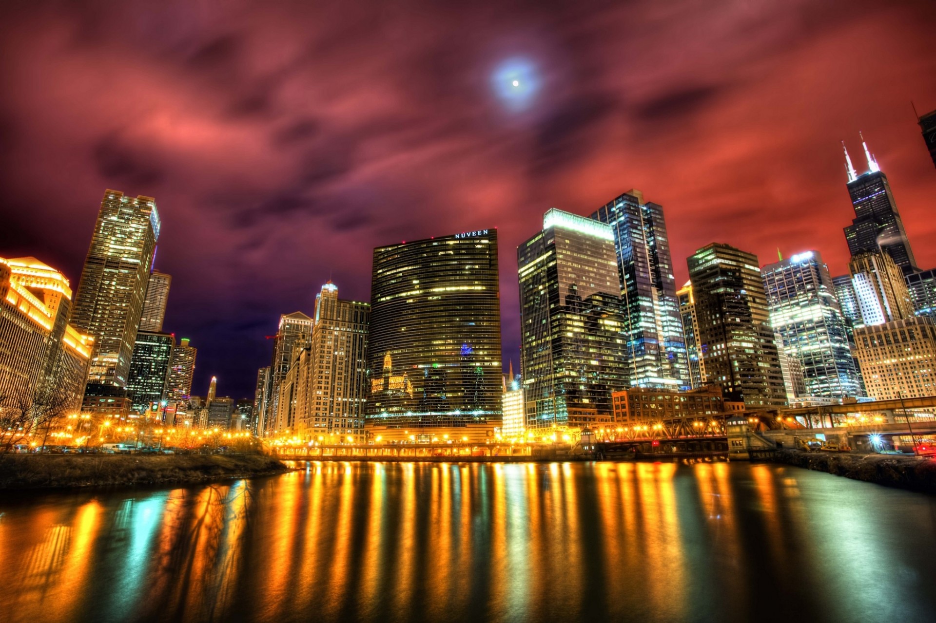 lights chicago town night river river north coast reflection united states tree skyscraper illinois shadow building llinois light house