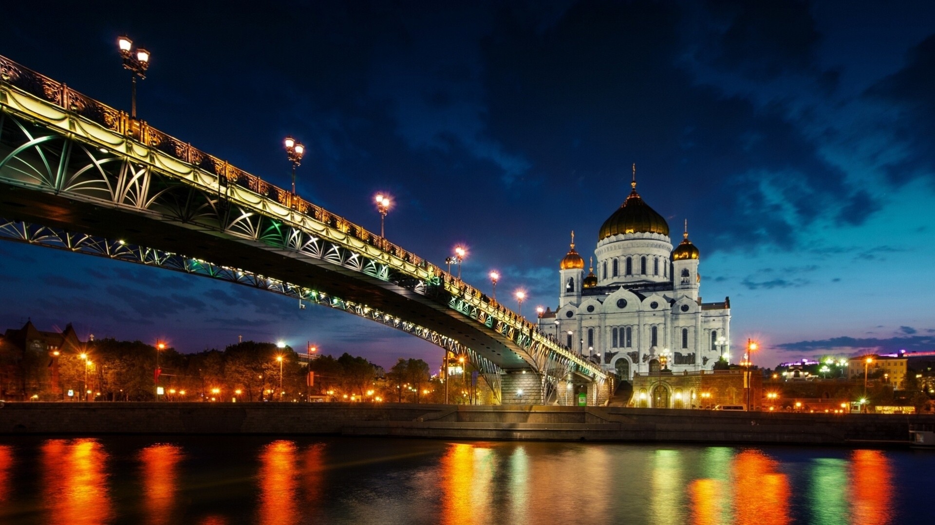 russland moskau kathedrale fluss tempel lichter lichter christus-erlöser-tempel nachtstadt moskau-fluss brücke uferpromenade