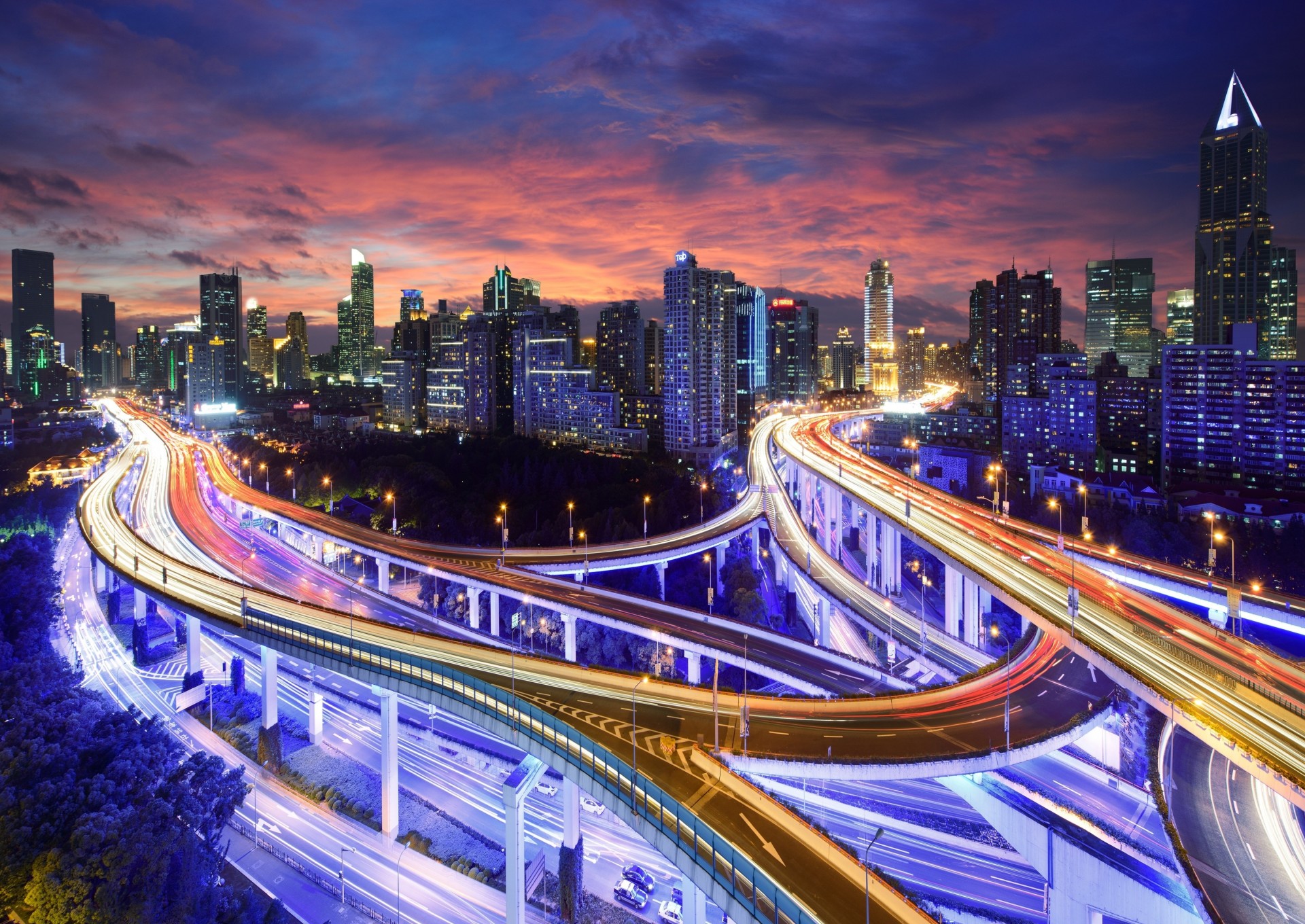 luci strada notte alto hong kong alberi cina asia grattacieli città costruzione autostrada luce