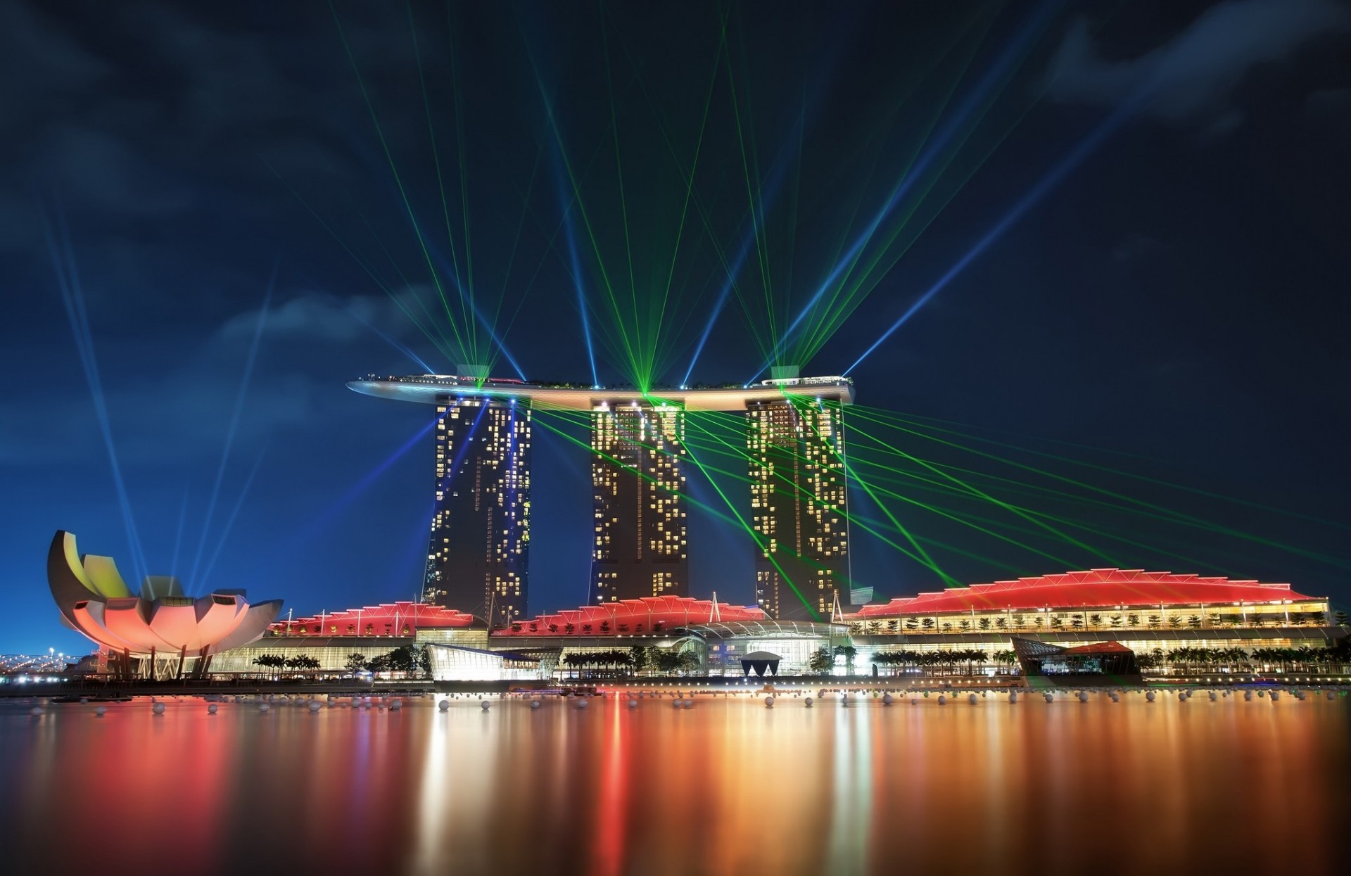 himmel lichter metropole wolkenkratzer nacht reflexion singapur bucht bäume architektur lichter stadtstaat beleuchtung