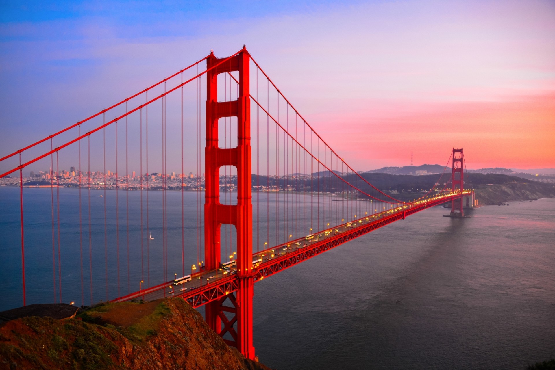 lights california san francisco sunset united states bridge gulf town water golden gate bridge road night highway golden gate