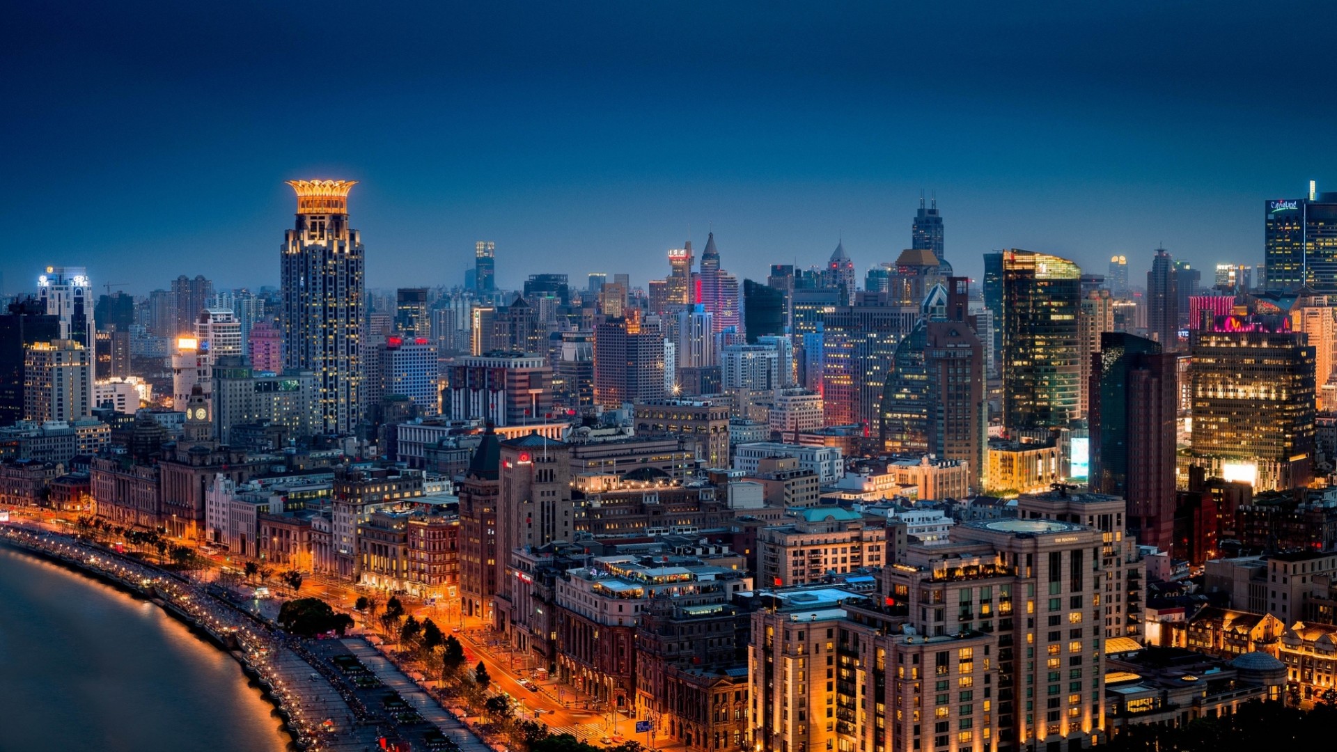 china shanghai panorama edificio huangpu ciudad de la noche terraplén