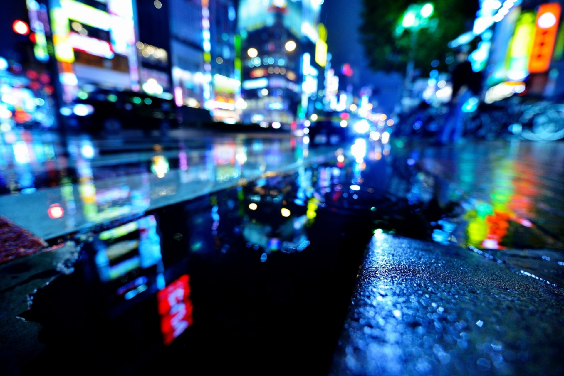 lights wet night street tokyo town water pools bokeh japan rain shinjuku