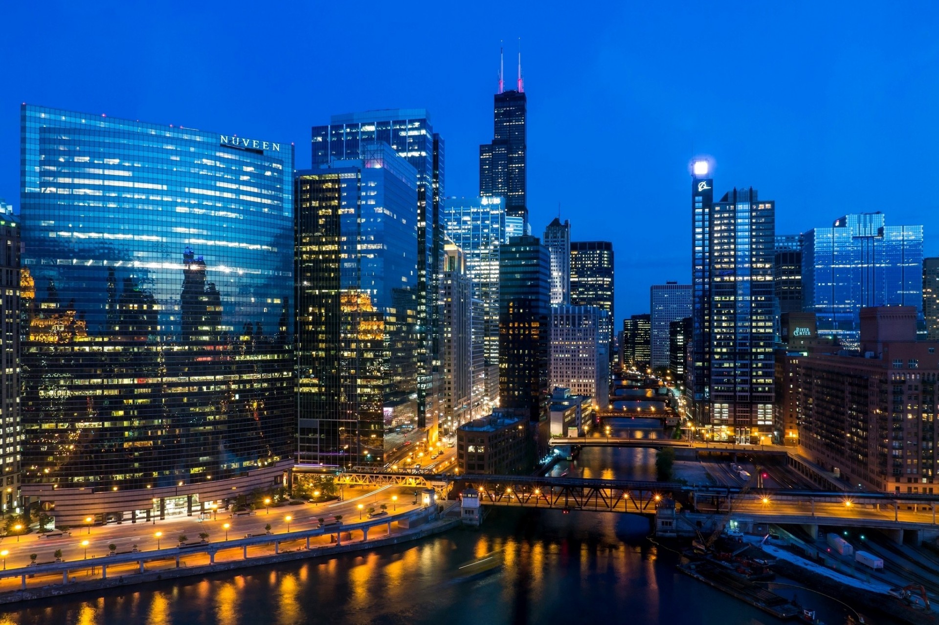 lichter chicago stadt hoch fluss usa licht wolkenkratzer illinois nacht gebäude beleuchtung llinois brücke häuser