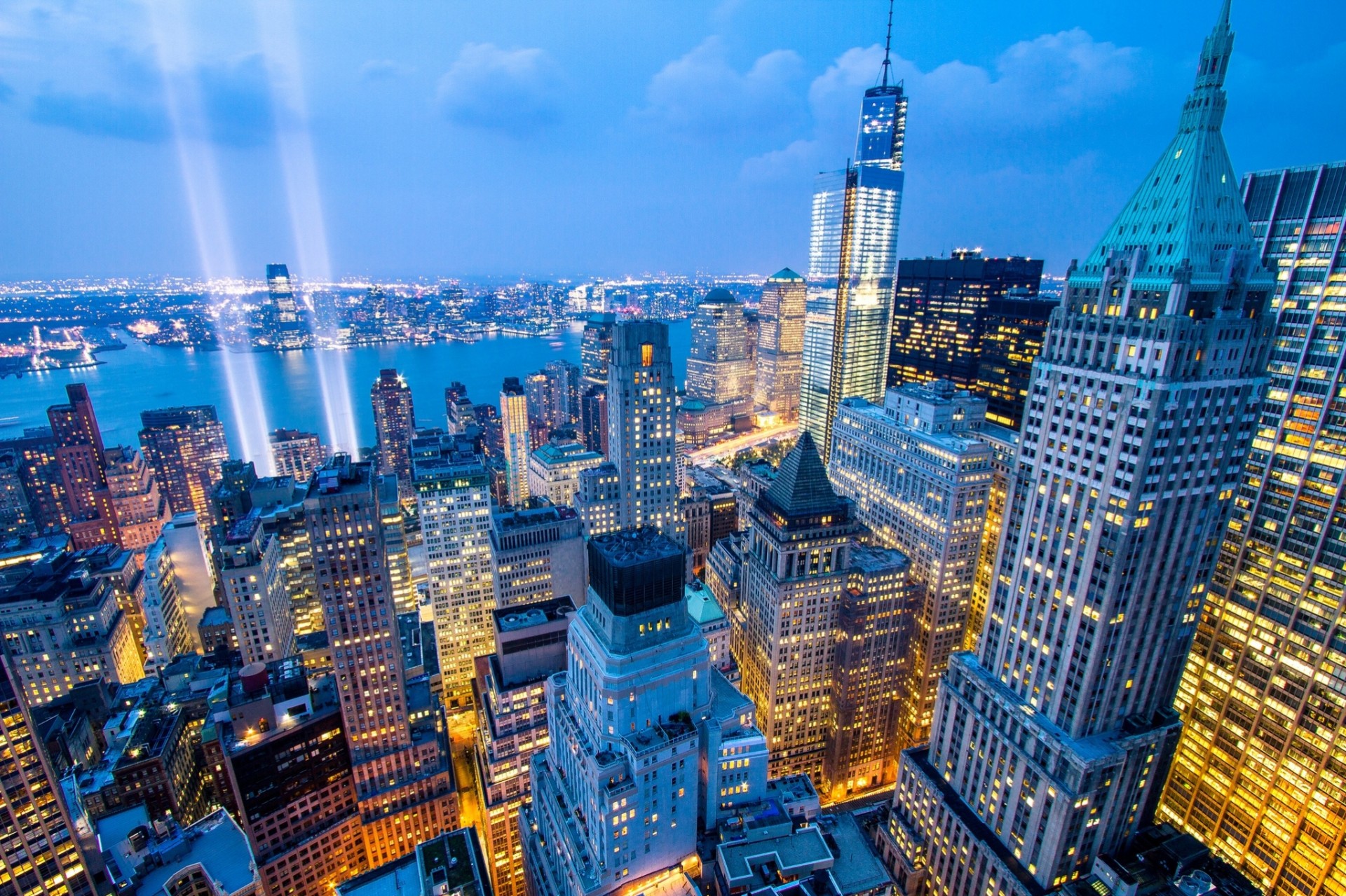 río nueva york rascacielos panorama edificio rayos ciudad nocturna