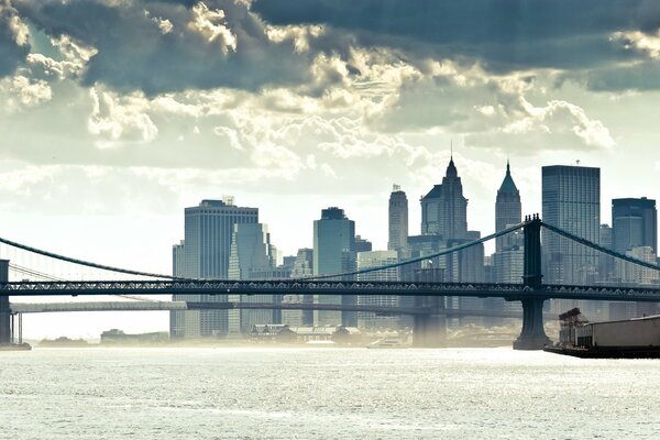 Bridge over the river in New York. Panoramic view