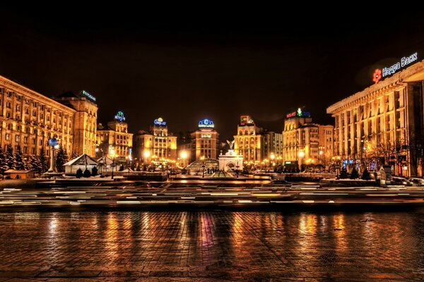 Illuminated night buildings in Kiev