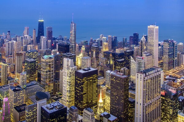 The lights of skyscrapers illuminate the night city