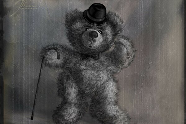 A teddy bear with a hat and a cane