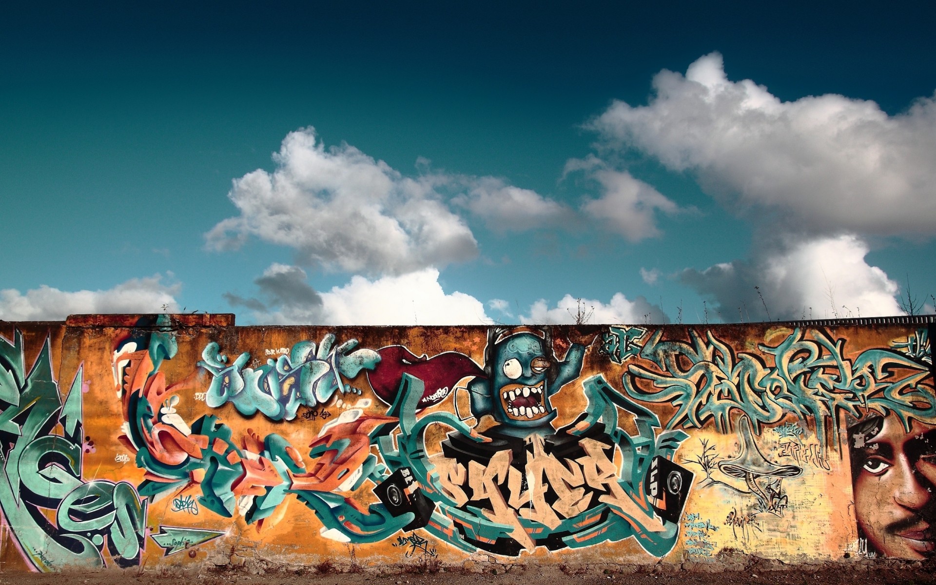 clouds colorful town sky graffiti wall