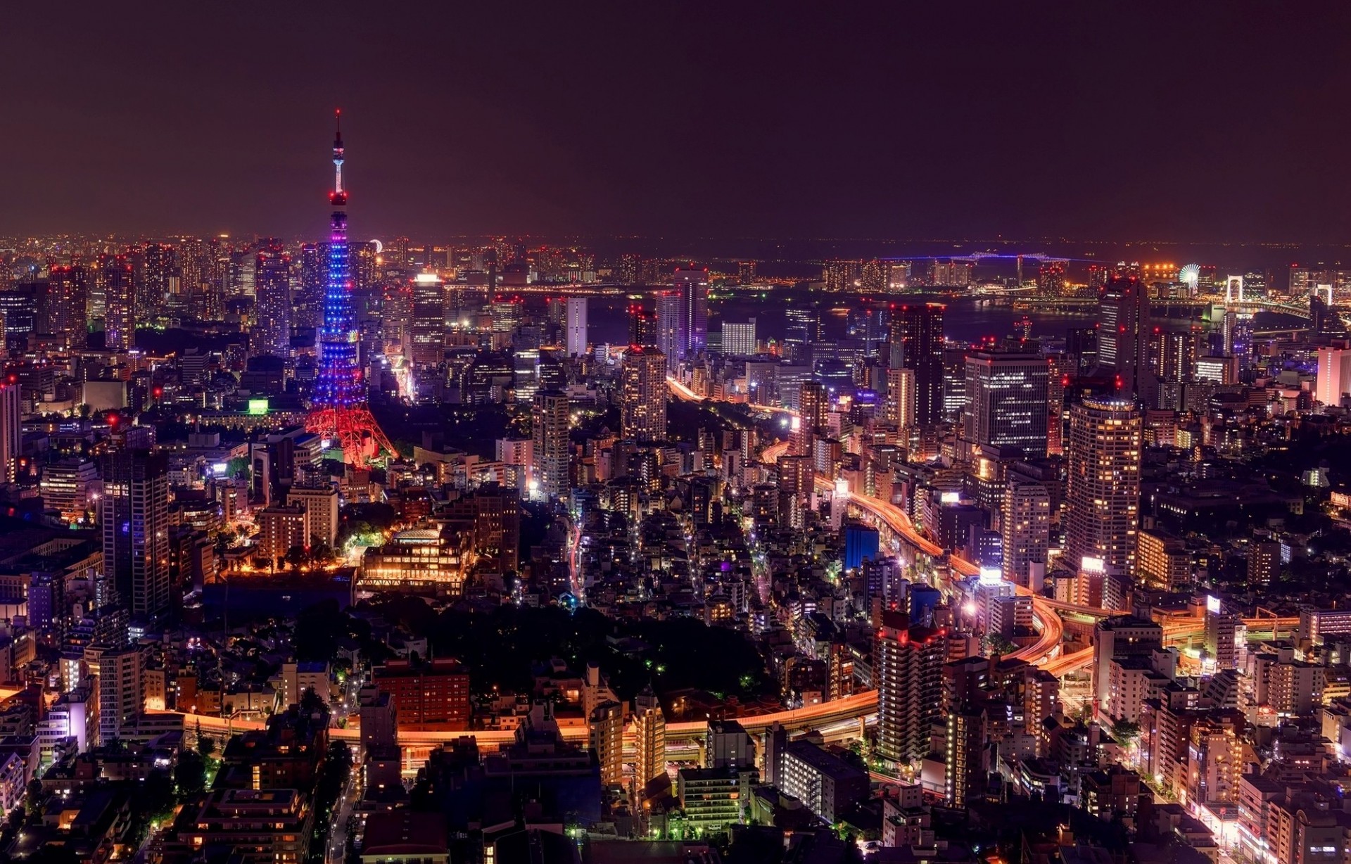 luces carretera iluminación noche tokio torre de tokio puente rascacielos ciudad edificio japón panorama