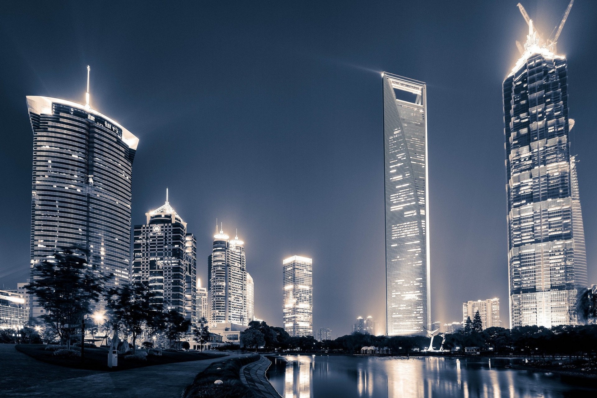 rivière chine gratte-ciel shanghai bâtiment ville de nuit promenade