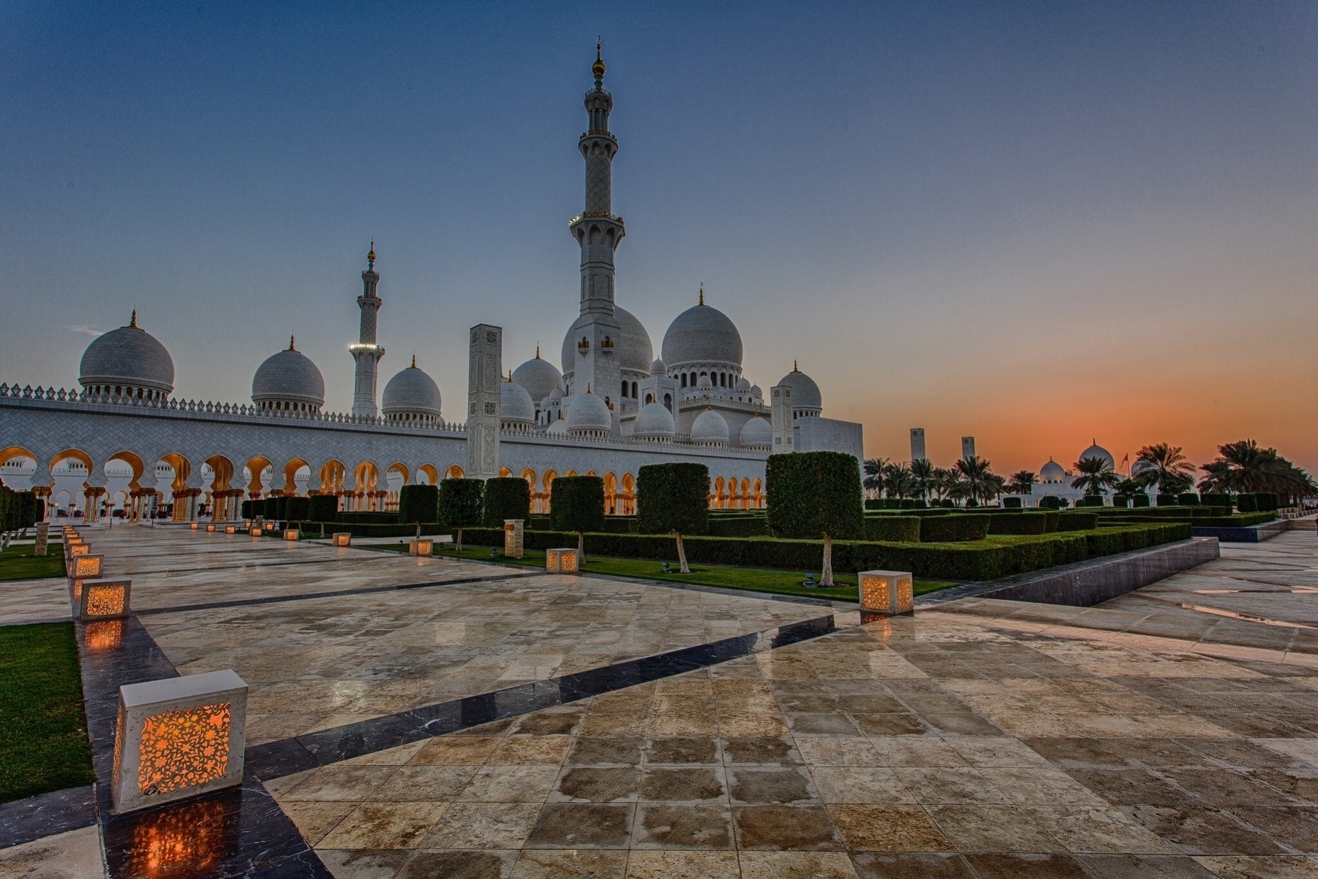 moschee sonnenuntergang lichter vereinigte arabische emirate abu dhabi scheich-zayed-moschee