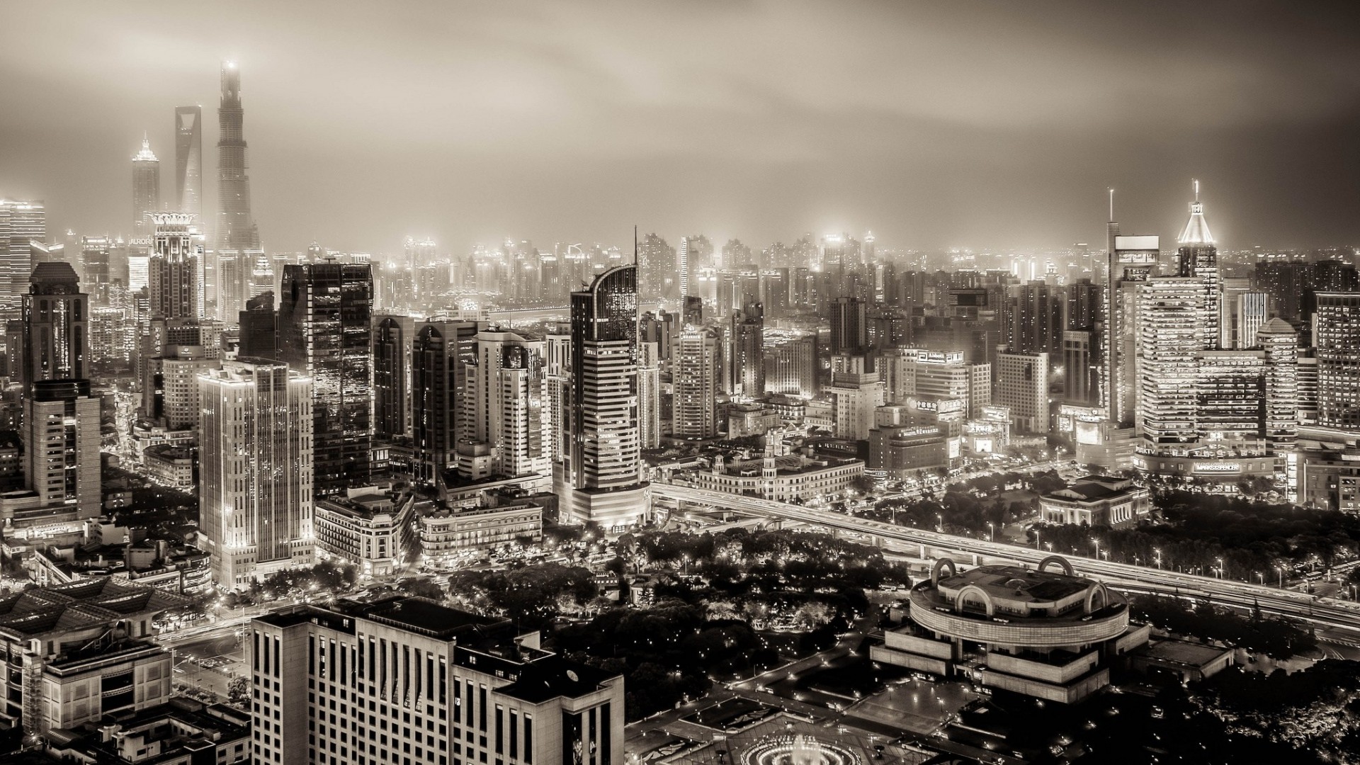 schwarz / weiß china shanghai panorama gebäude huangpu nachtstadt