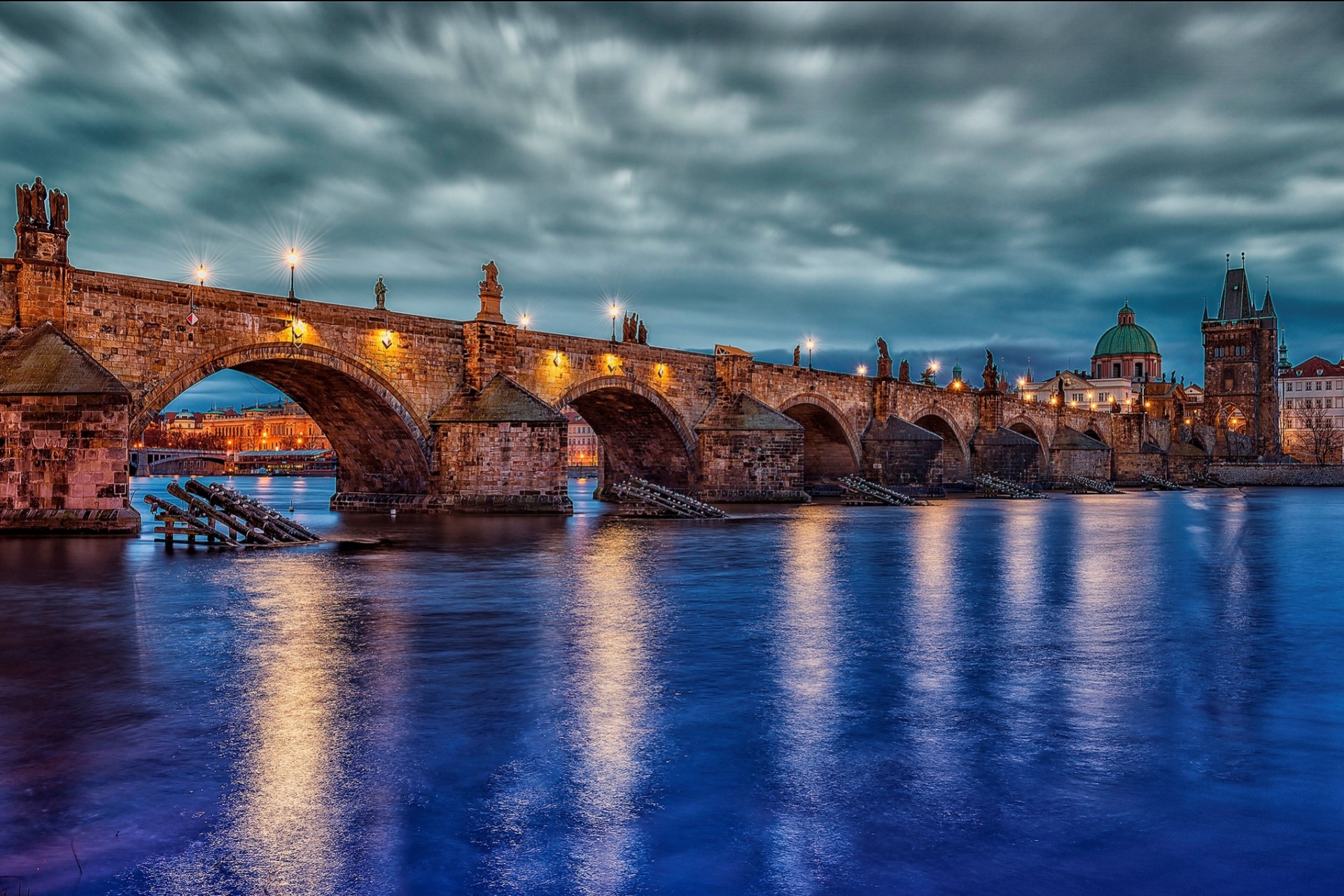 vltava clouds czech architecture river republic charles bridge town night sky prague josefov