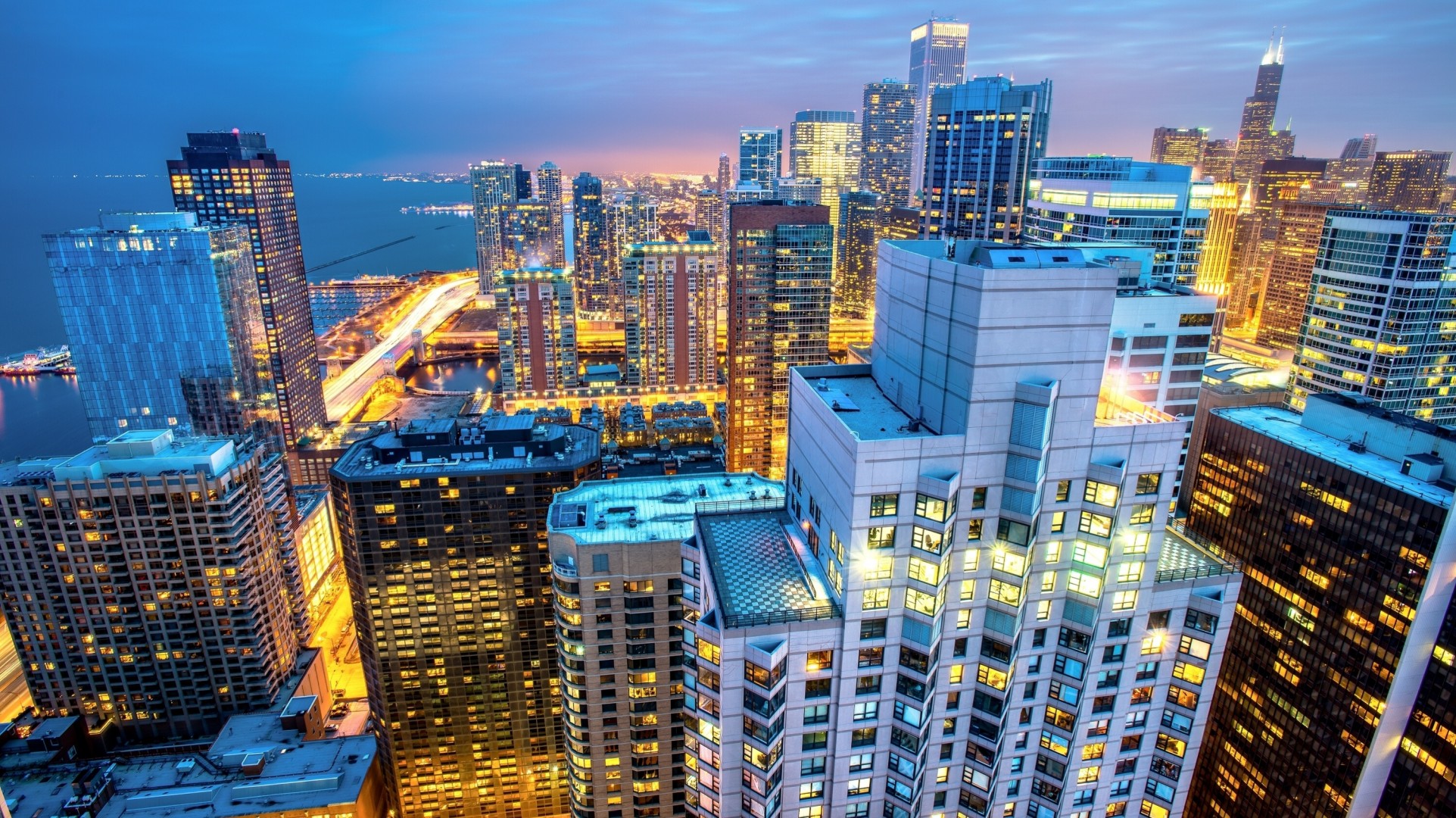 chicago oceano grattacieli panorama costruzione città di notte