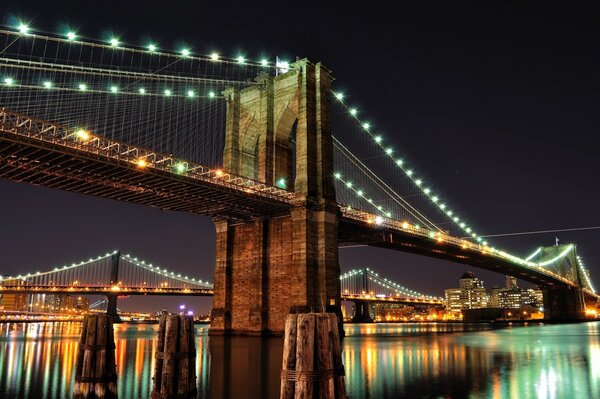 Lights on the bridge at night in the city