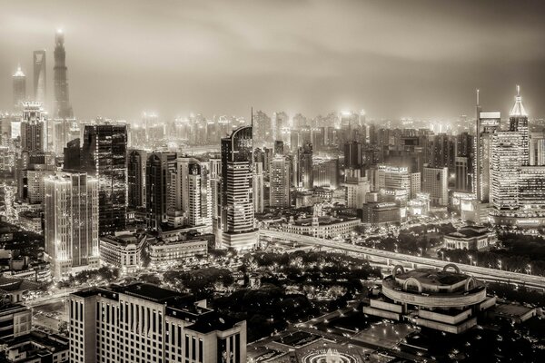 Ciudad nocturna en blanco y negro